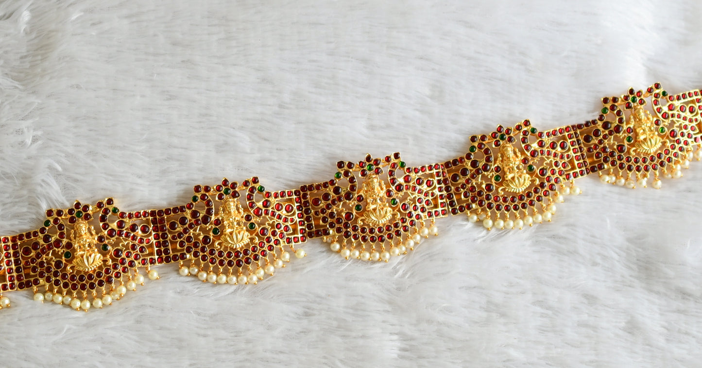 Bright gold tone kemp-green pearl lakshmi peacock waist band dj-49130