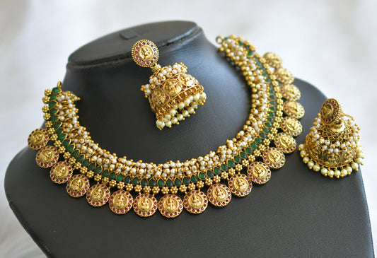 Matte finish ruby-emerald pearl cluster lakshmi coin necklace set dj-45681