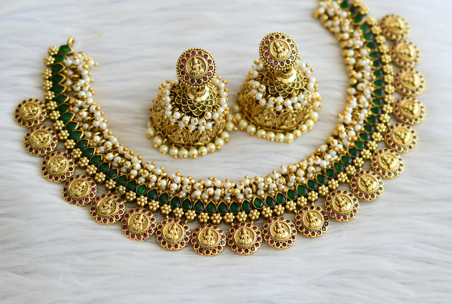 Matte finish ruby-emerald pearl cluster lakshmi coin necklace set dj-45681