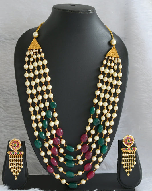 Antique gold tone Multilayer Ruby-emerald-pearl heavy Haar Set DJ-09203