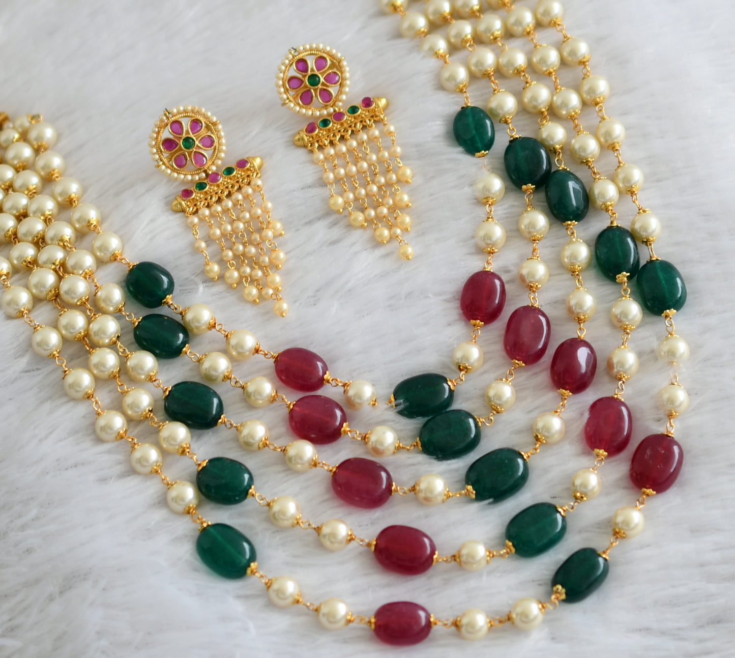 Antique gold tone Multilayer Ruby-emerald-pearl heavy Haar Set DJ-09203