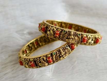 Antique cz coral-green stone lakshmi peacock bangles(2.8) dj-49142