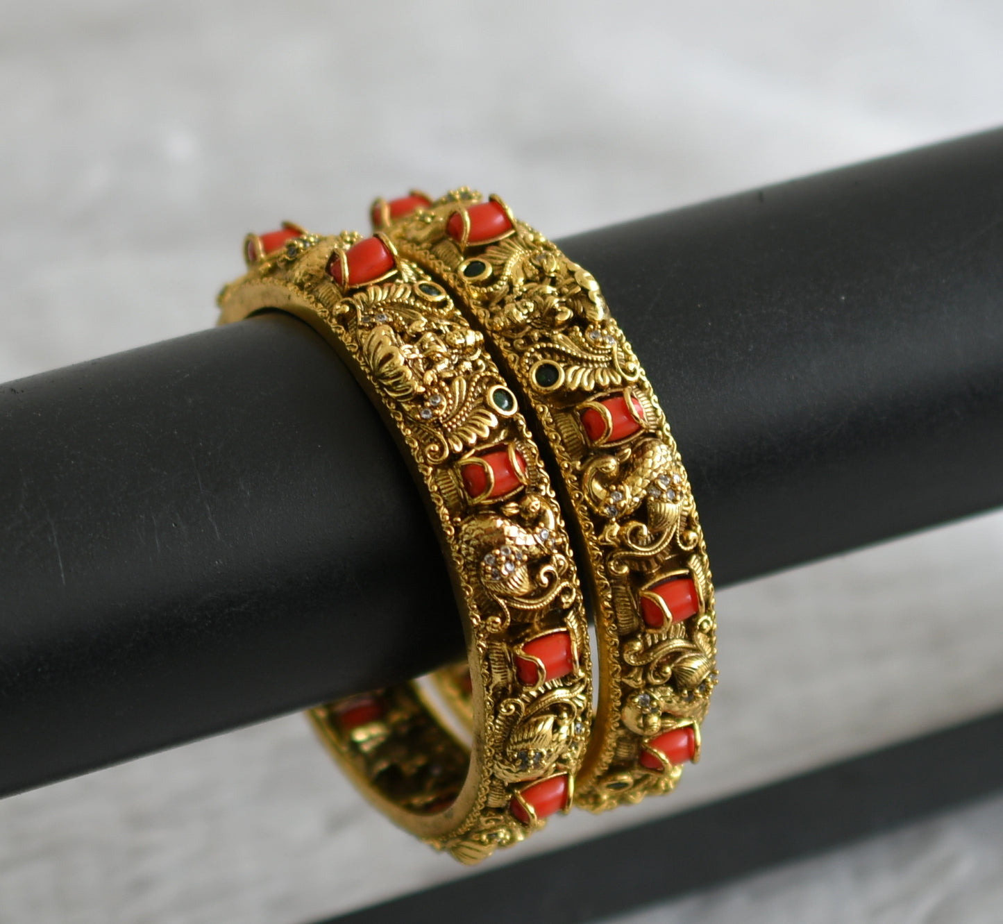 Antique cz coral-green stone lakshmi peacock bangles(2.4) dj-49140