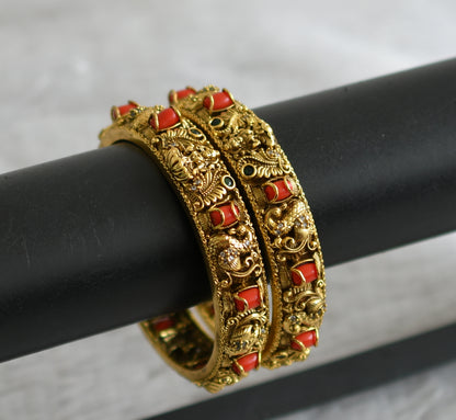 Antique cz coral-green stone lakshmi peacock bangles(2.8) dj-49142