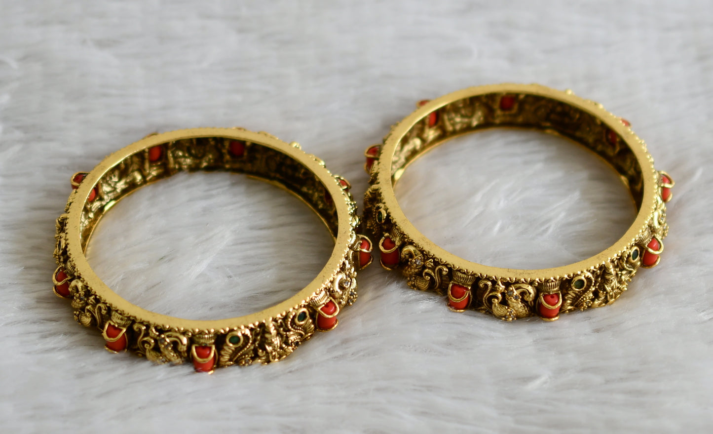 Antique cz coral-green stone lakshmi peacock bangles(2.4) dj-49140