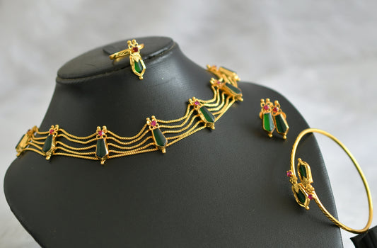 Gold tone kerala style pink-green nagapadam choker combo necklace set dj-47043