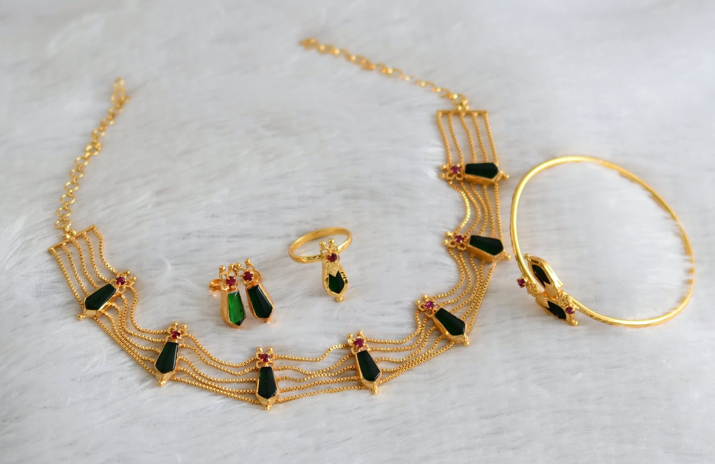 Gold tone kerala style pink-green nagapadam choker combo necklace set dj-47043