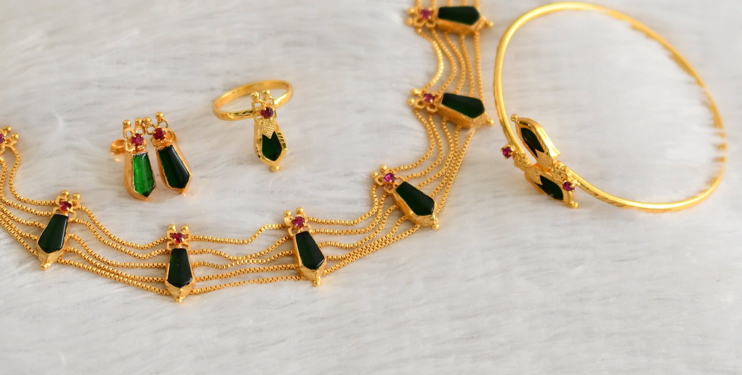 Gold tone kerala style pink-green nagapadam choker combo necklace set dj-47043