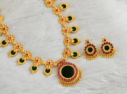 Gold tone pink-green round flower kerala style haar set dj-47349