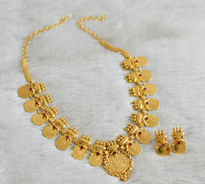 Gold tone pink lakshmi coin kerala style necklace set dj-49170