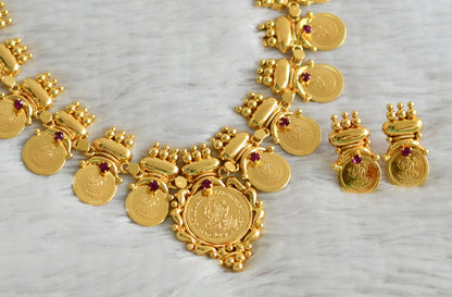 Gold tone pink lakshmi coin kerala style necklace set dj-49170