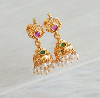 Gold tone ruby-green pearl jhumkka dj-43963