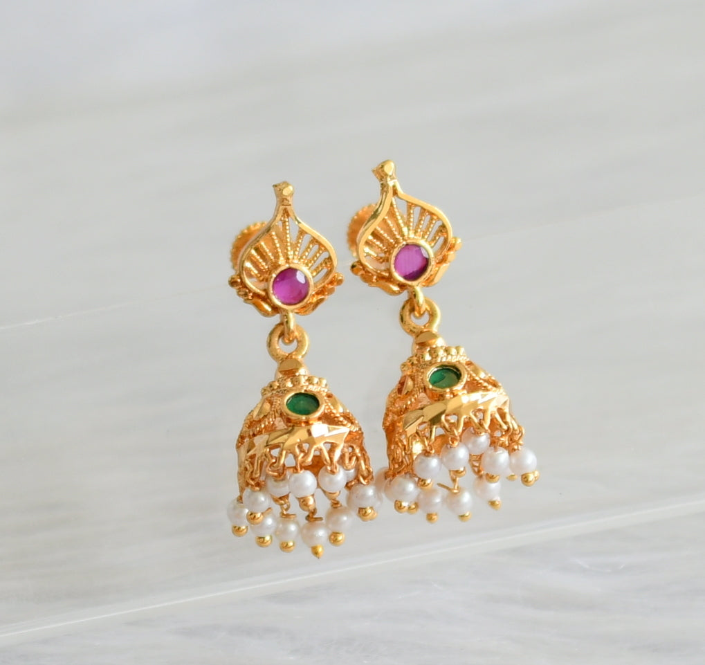 Gold tone ruby-green pearl jhumkka dj-43963