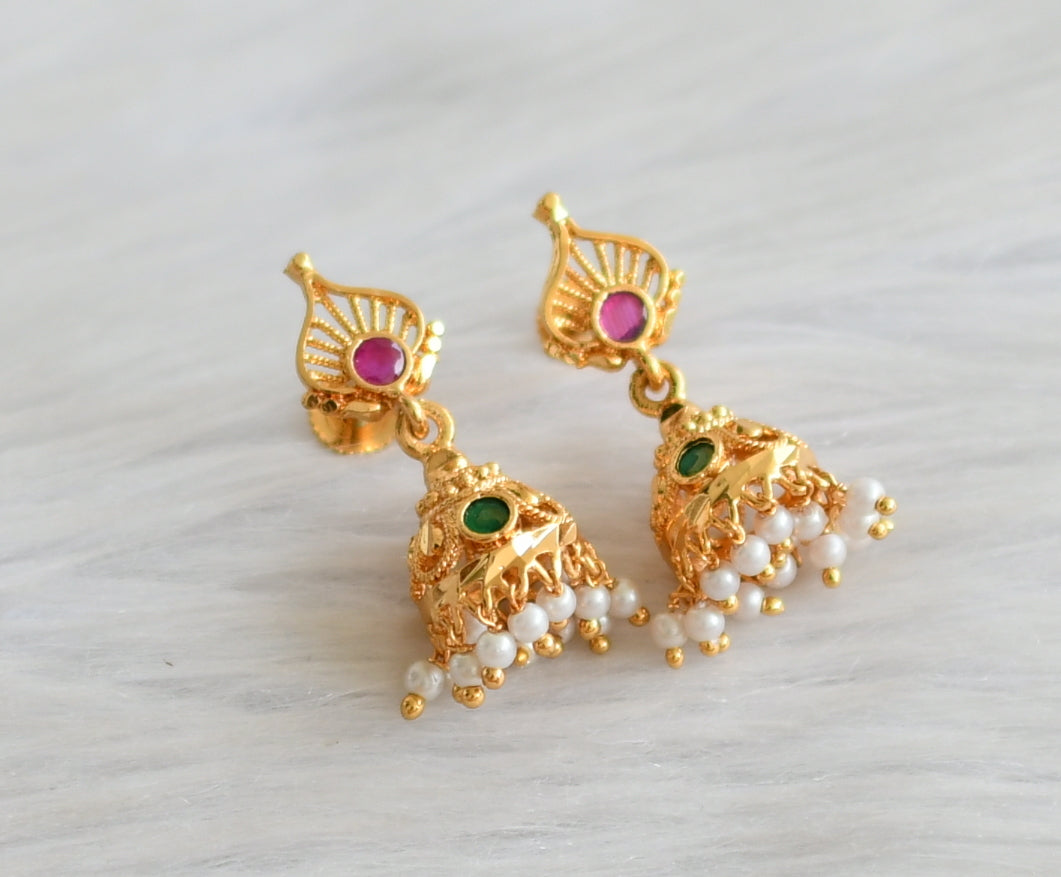 Gold tone ruby-green pearl jhumkka dj-43963