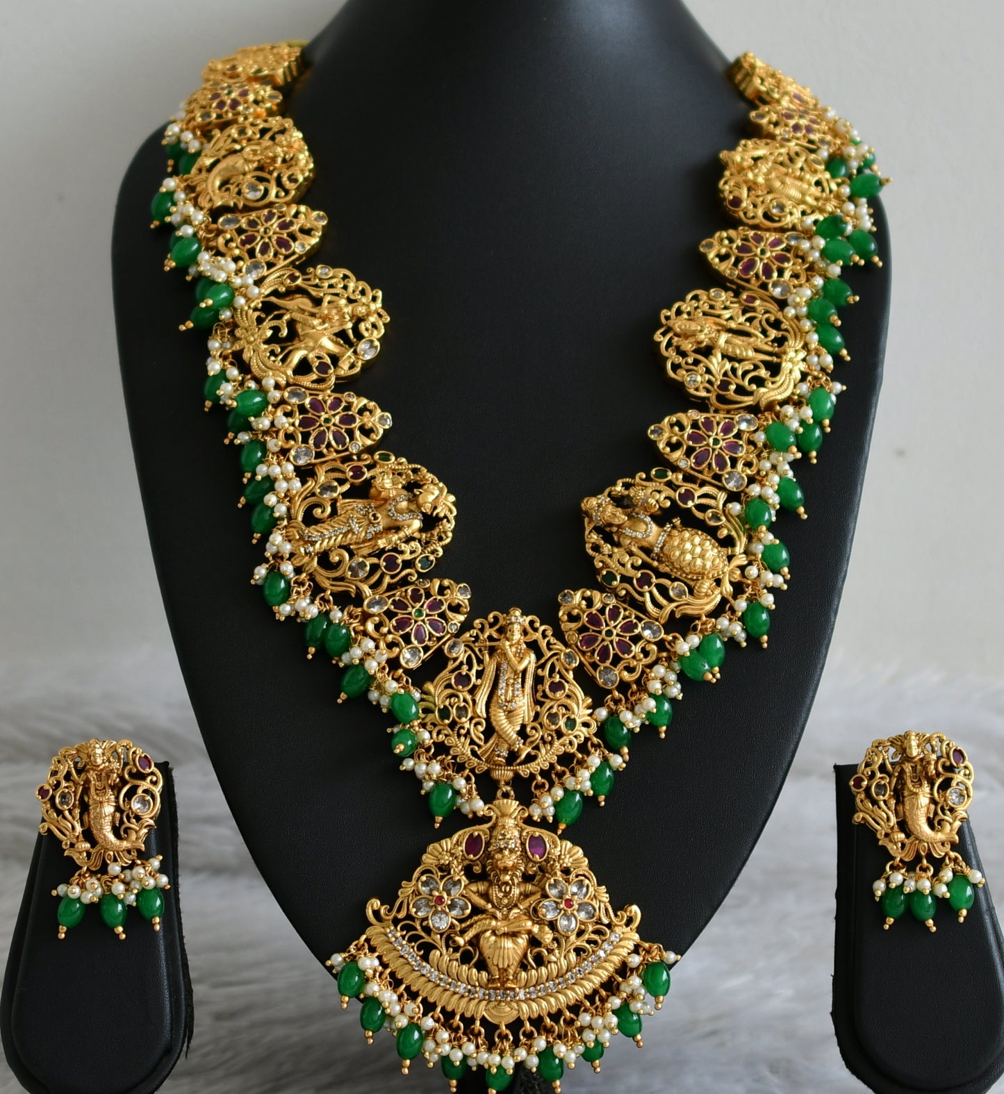 Matte finish cz ruby-green-white dasavatharam green beaded haar set dj-49171