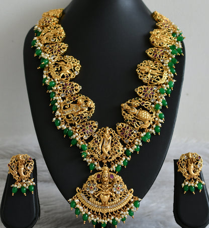 Matte finish cz ruby-green-white dasavatharam green beaded haar set dj-49171