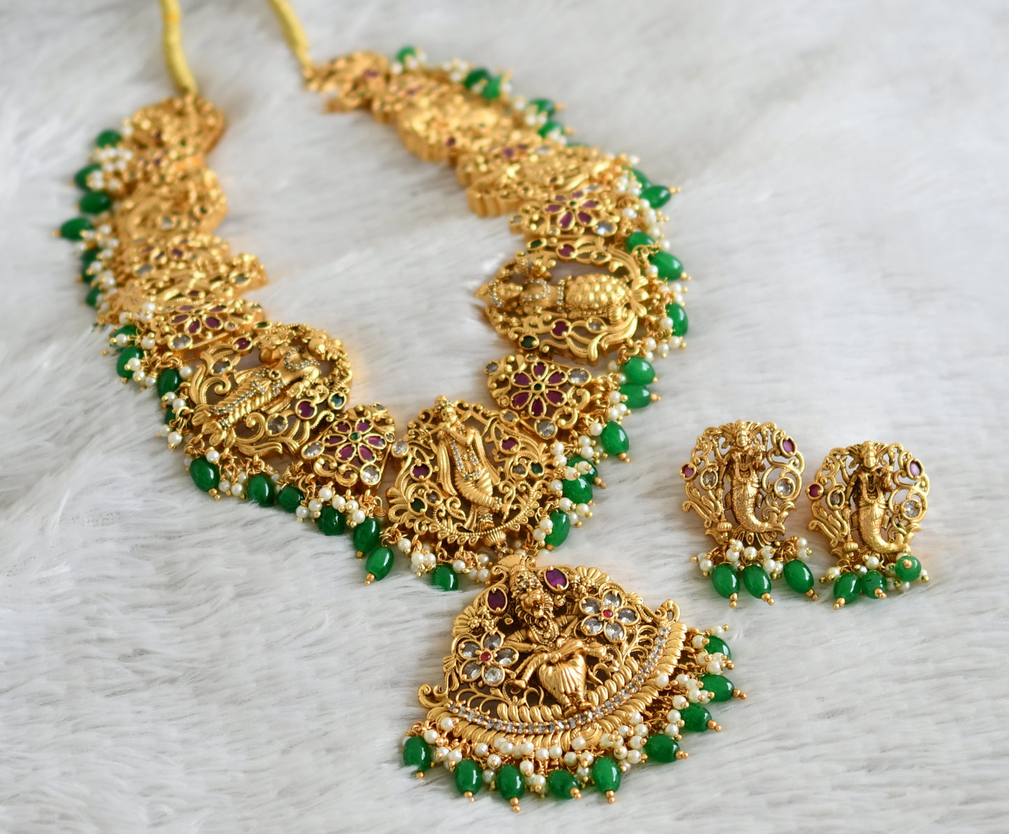 Matte finish cz ruby-green-white dasavatharam green beaded haar set dj-49171