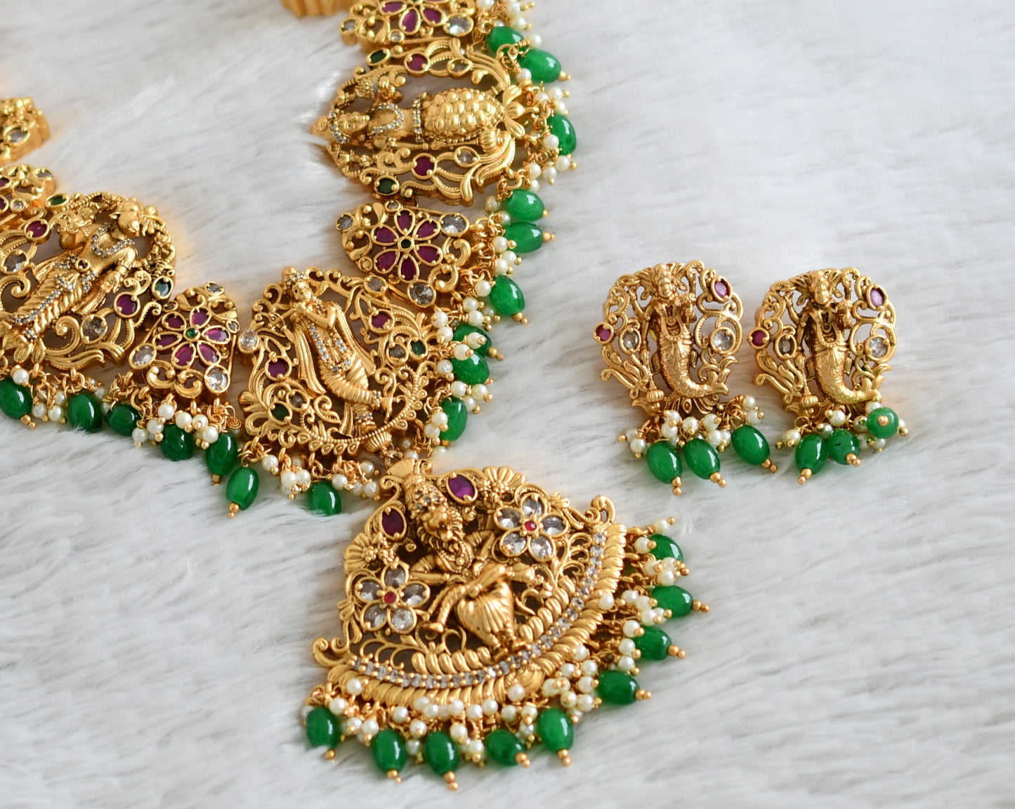 Matte finish cz ruby-green-white dasavatharam green beaded haar set dj-49171