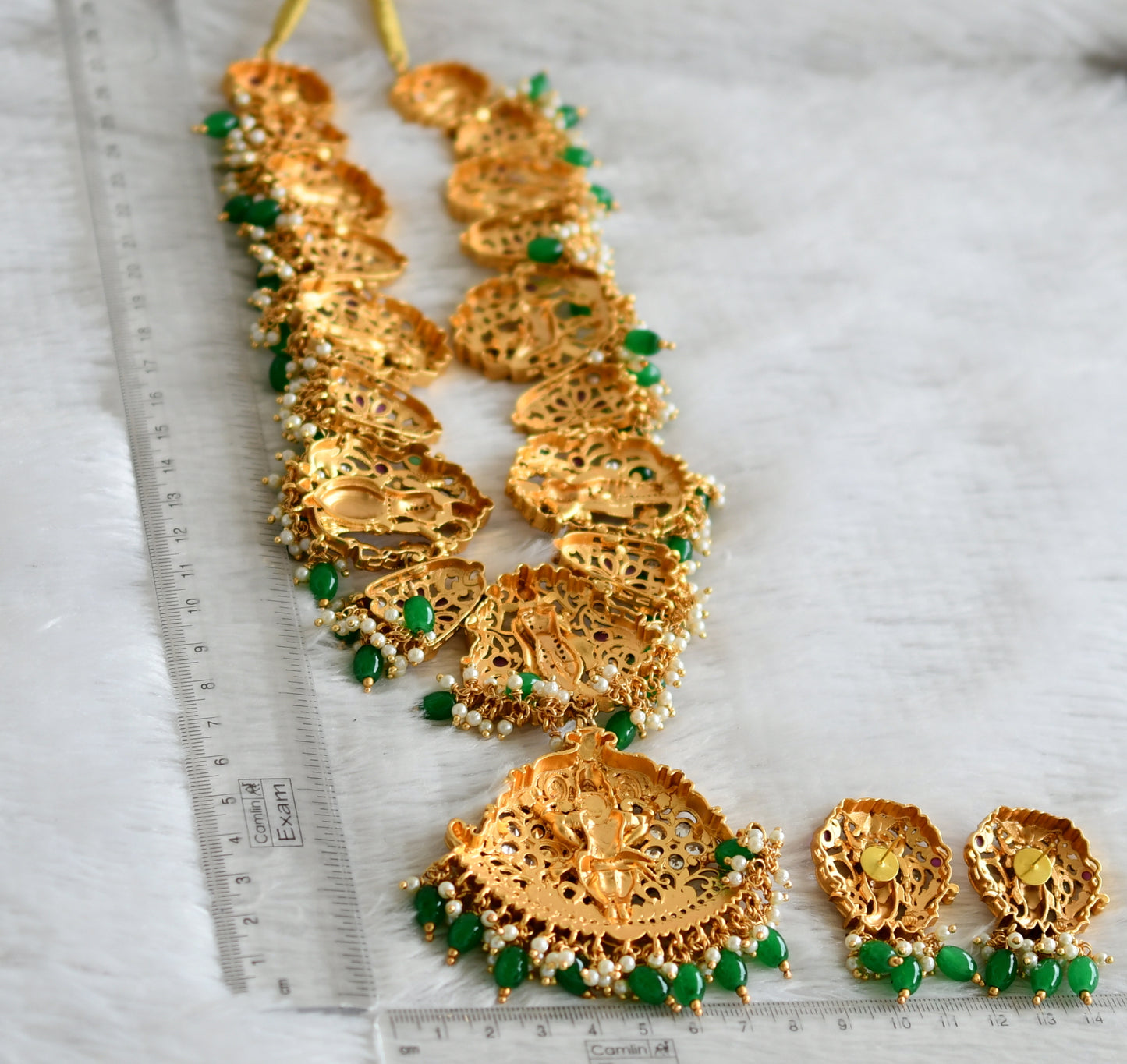 Matte finish cz ruby-green-white dasavatharam green beaded haar set dj-49171