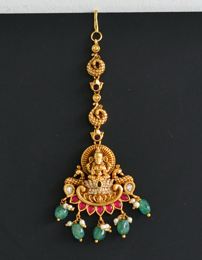 Antique gold tone cz pink-green white kundan jadau green beaded lakshmi peacock tikka dj-49157