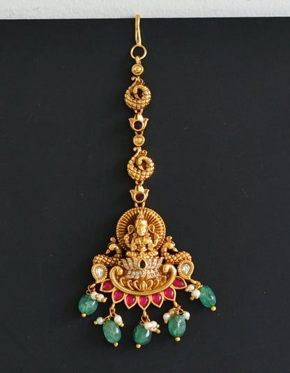 Antique gold tone cz pink-green white kundan jadau green beaded lakshmi peacock tikka dj-49157