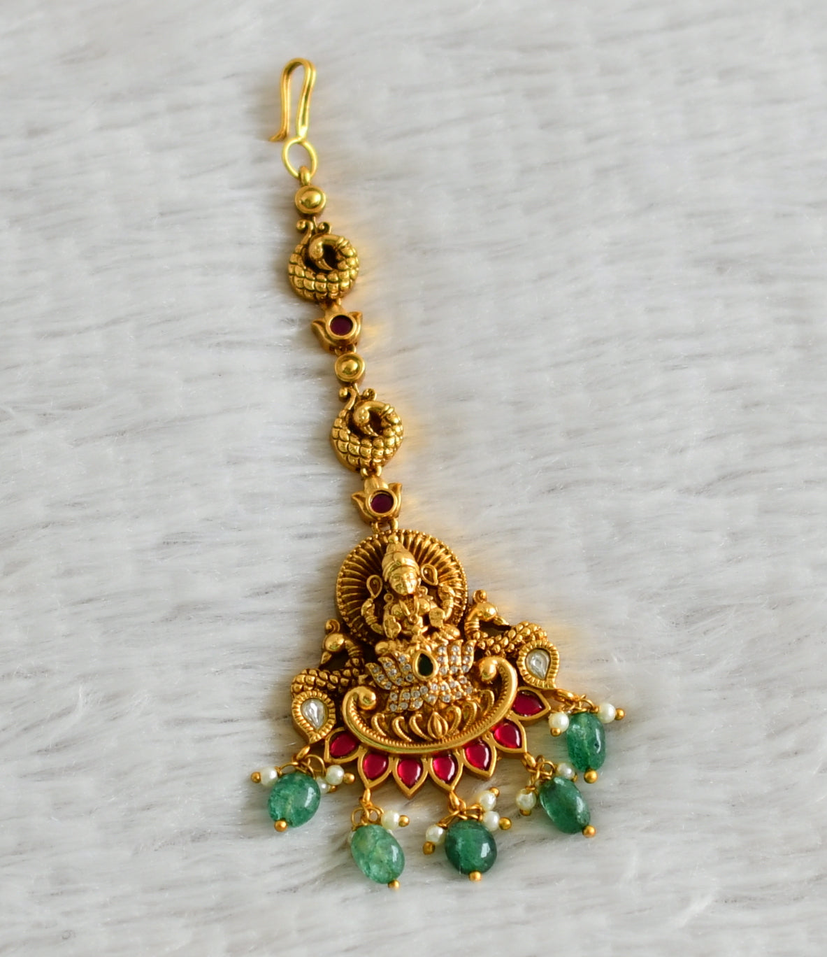 Antique gold tone cz pink-green white kundan jadau green beaded lakshmi peacock tikka dj-49157