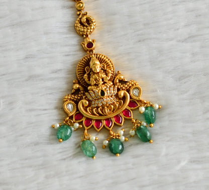 Antique gold tone cz pink-green white kundan jadau green beaded lakshmi peacock tikka dj-49157