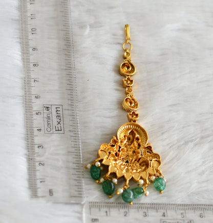 Antique gold tone cz pink-green white kundan jadau green beaded lakshmi peacock tikka dj-49157