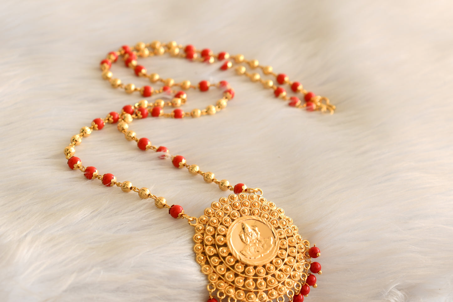 Gold tone coral beaded chain Lakshmi coin chain dj-42630