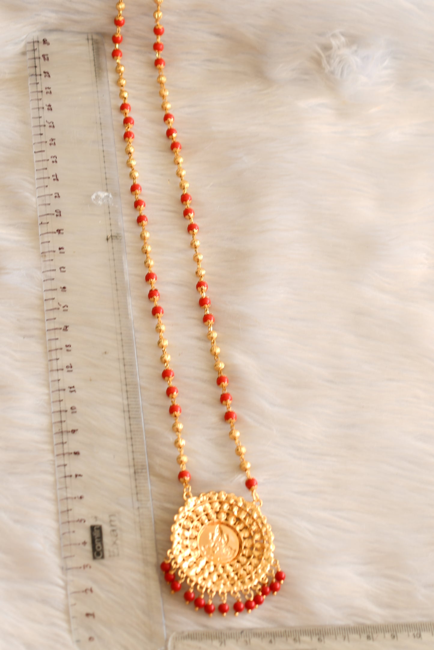 Gold tone coral beaded chain Lakshmi coin chain dj-42630