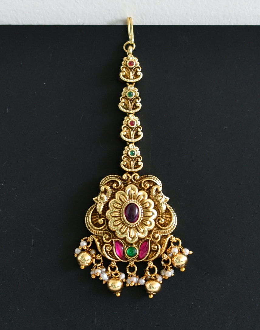 Antique gold tone pink-green kundan jadau flower peacock tikka dj-49158