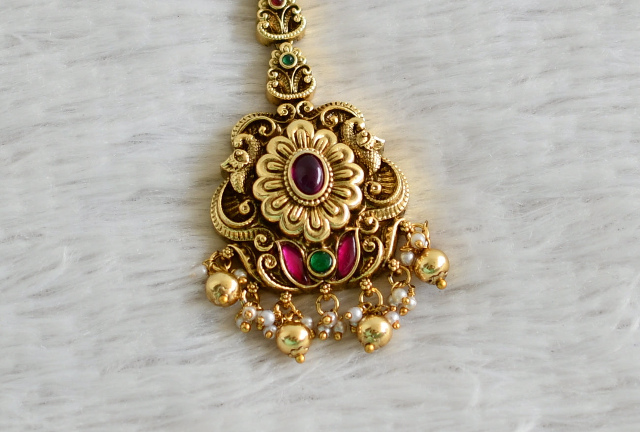 Antique gold tone pink-green kundan jadau flower peacock tikka dj-49158