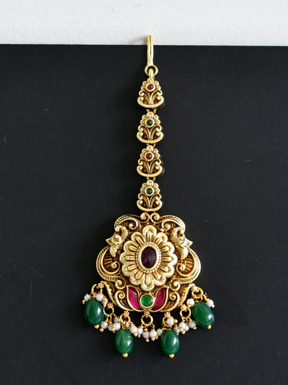 Antique gold tone pink-green kundan jadau flower peacock green beaded tikka dj-49159