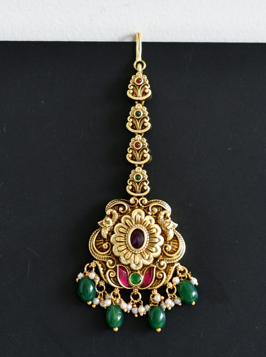 Antique gold tone pink-green kundan jadau flower peacock green beaded tikka dj-49159