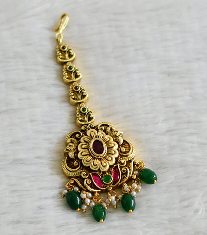 Antique gold tone pink-green kundan jadau flower peacock green beaded tikka dj-49159