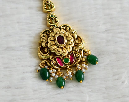 Antique gold tone pink-green kundan jadau flower peacock green beaded tikka dj-49159