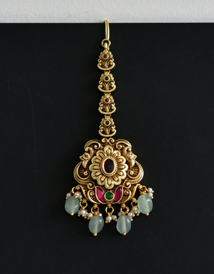 Antique gold tone pink-green kundan jadau flower peacock sea green beaded tikka dj-49160