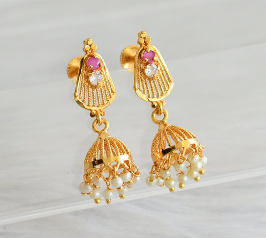 Gold tone ruby-white pearl jhumkka dj-43966