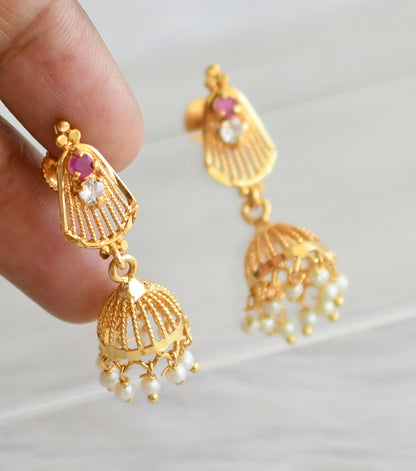 Gold tone ruby-white pearl jhumkka dj-43966