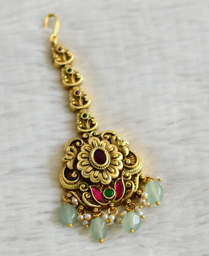 Antique gold tone pink-green kundan jadau flower peacock sea green beaded tikka dj-49160