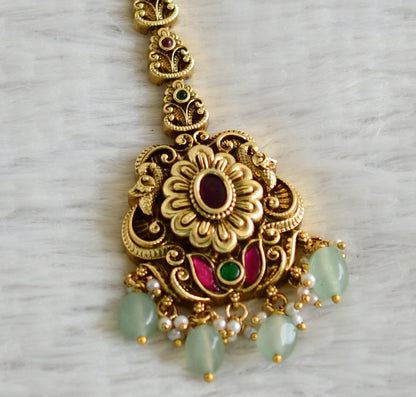 Antique gold tone pink-green kundan jadau flower peacock sea green beaded tikka dj-49160