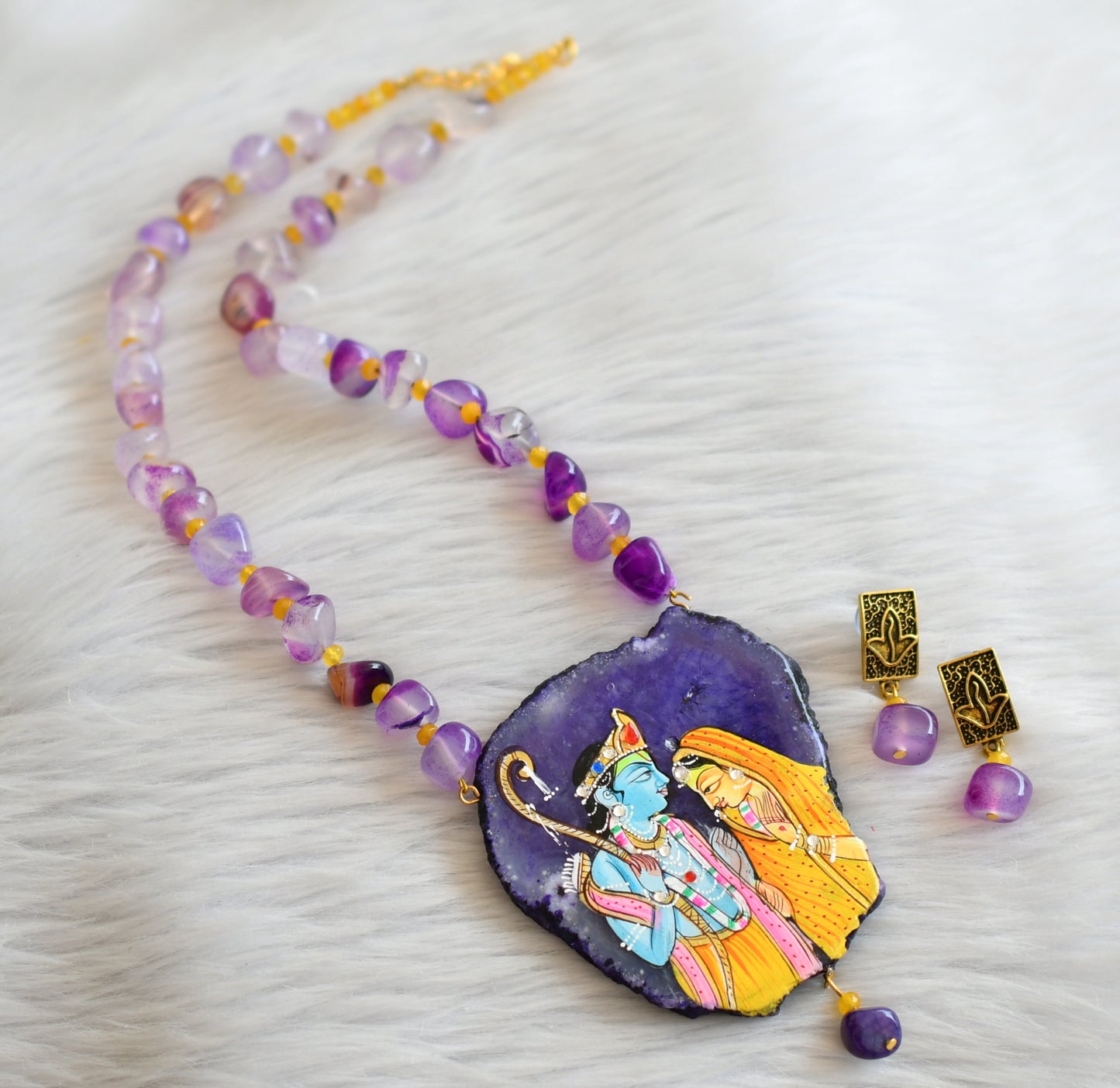 Hand painted ram-sita sliced agate pendant with purple-yellow onyx beaded necklace set dj-45672