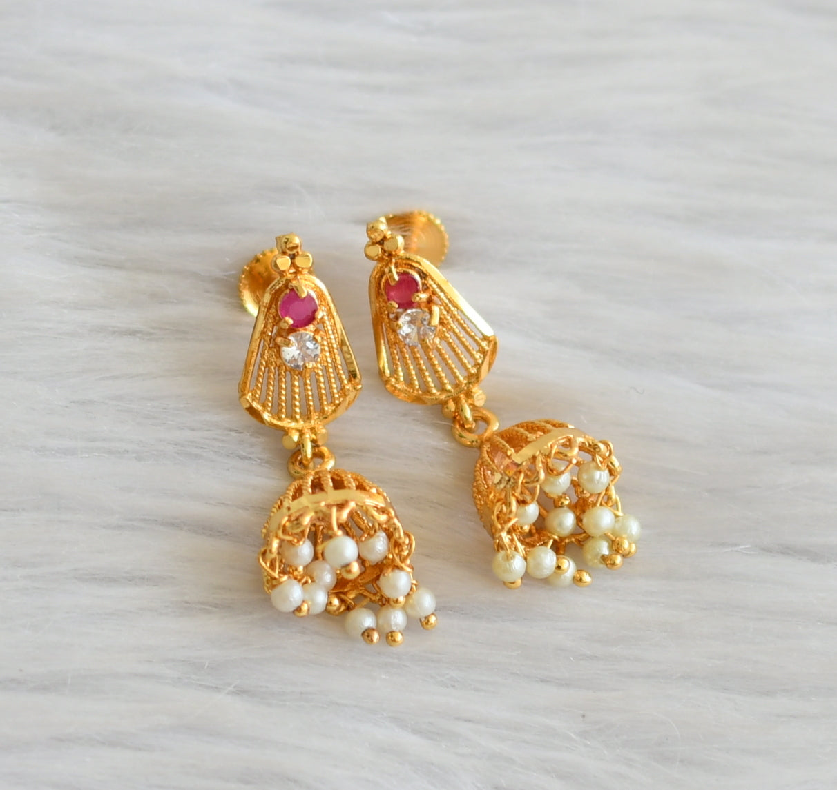 Gold tone ruby-white pearl jhumkka dj-43966