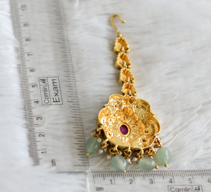 Antique gold tone pink-green kundan jadau flower peacock sea green beaded tikka dj-49160