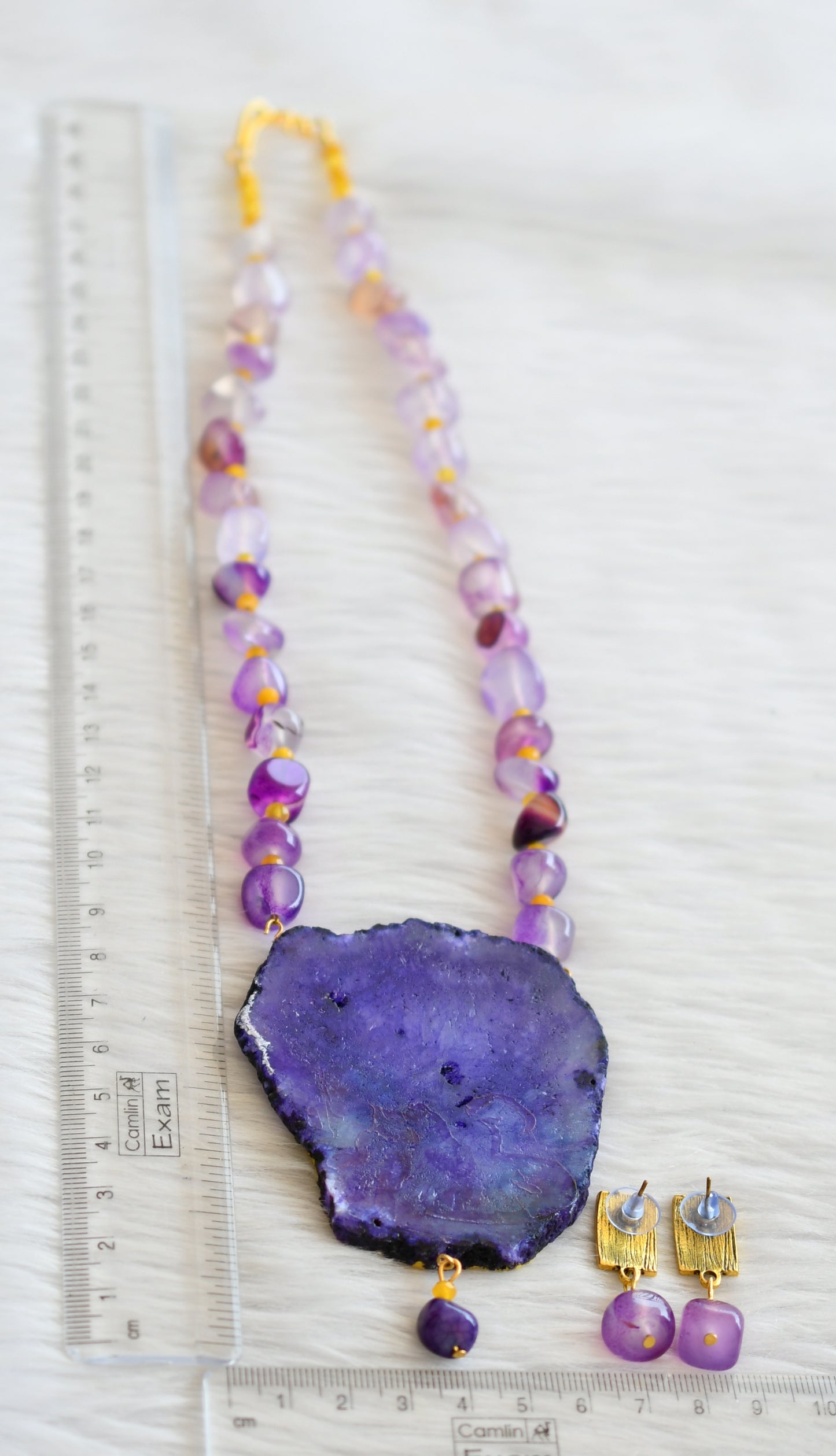 Hand painted ram-sita sliced agate pendant with purple-yellow onyx beaded necklace set dj-45672