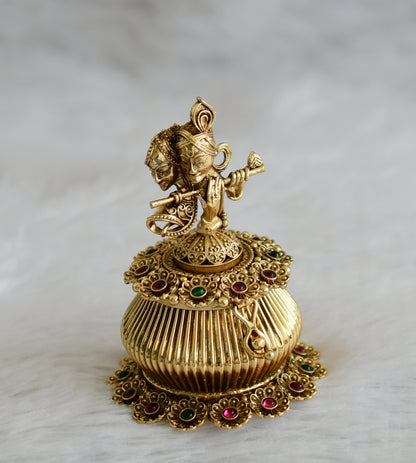 Antique gold tone kemp-green radha-krishna flower kumkum box dj-47362