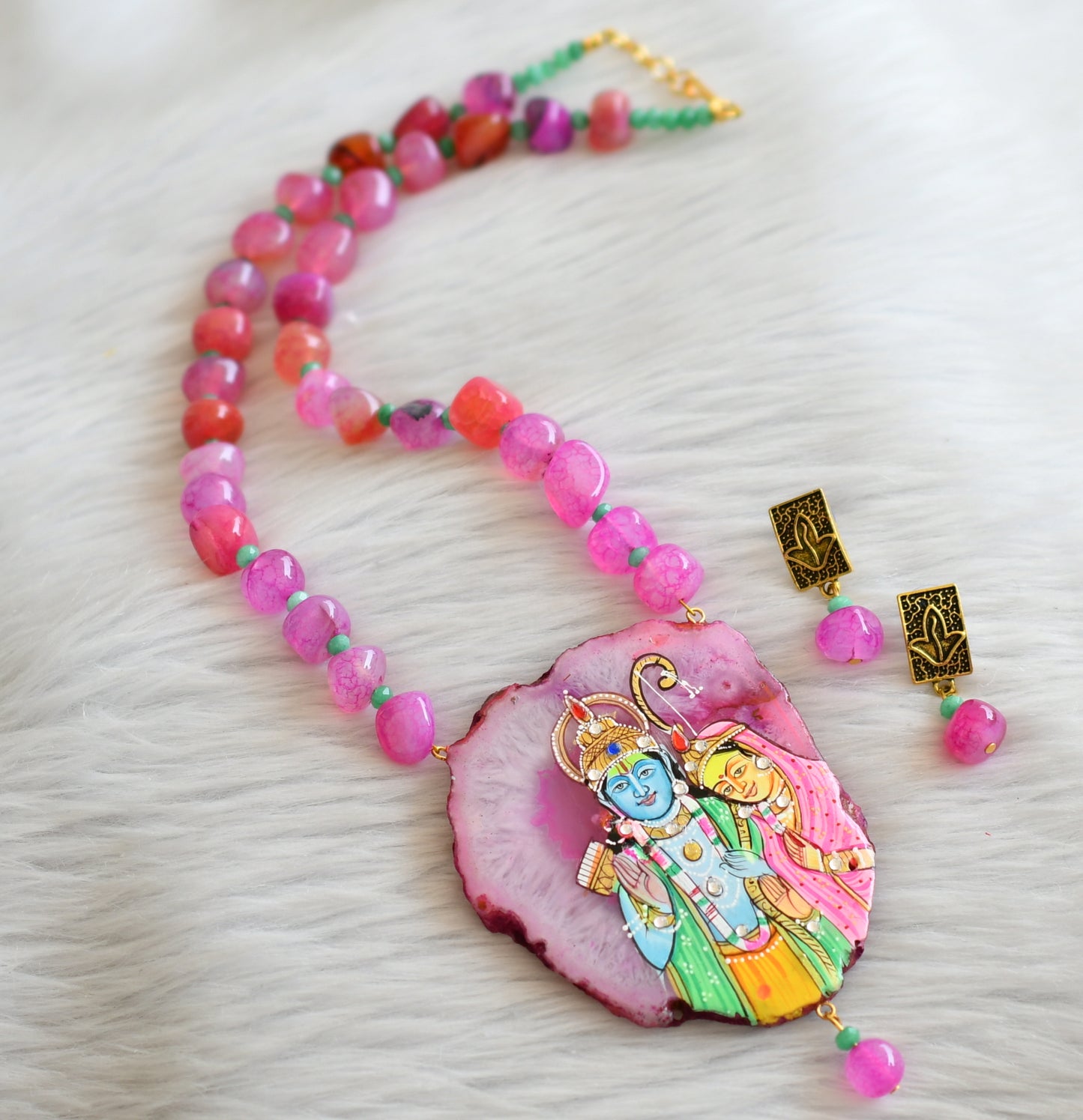 Hand painted ram-sita sliced agate pendant with pink-green onyx beaded necklace set dj-45673