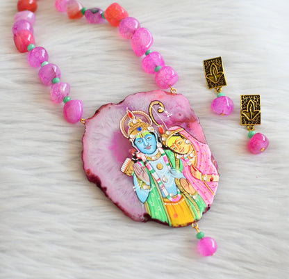 Hand painted ram-sita sliced agate pendant with pink-green onyx beaded necklace set dj-45673