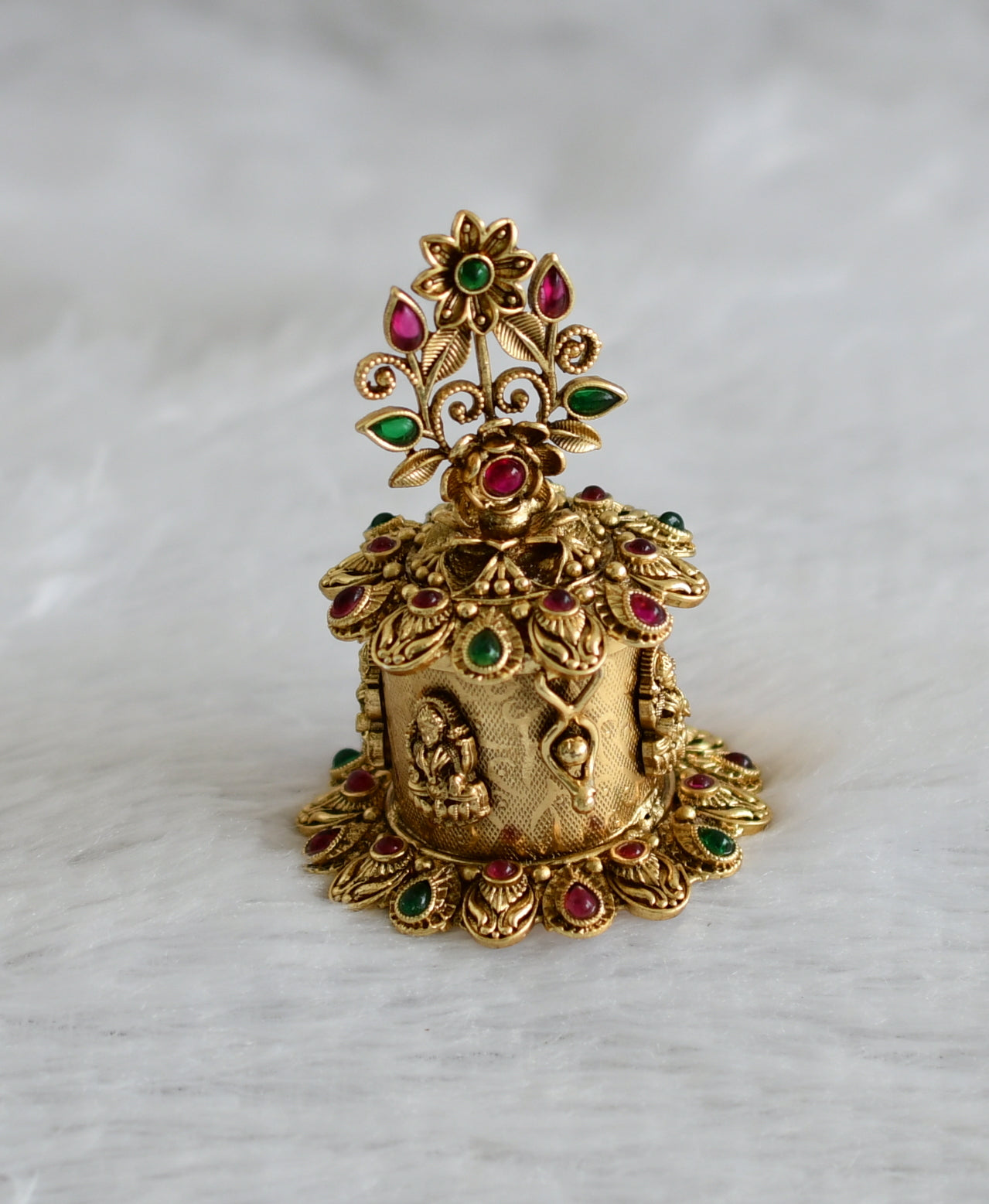 Antique gold tone kemp-green lakshmi flower kumkum box dj-47364