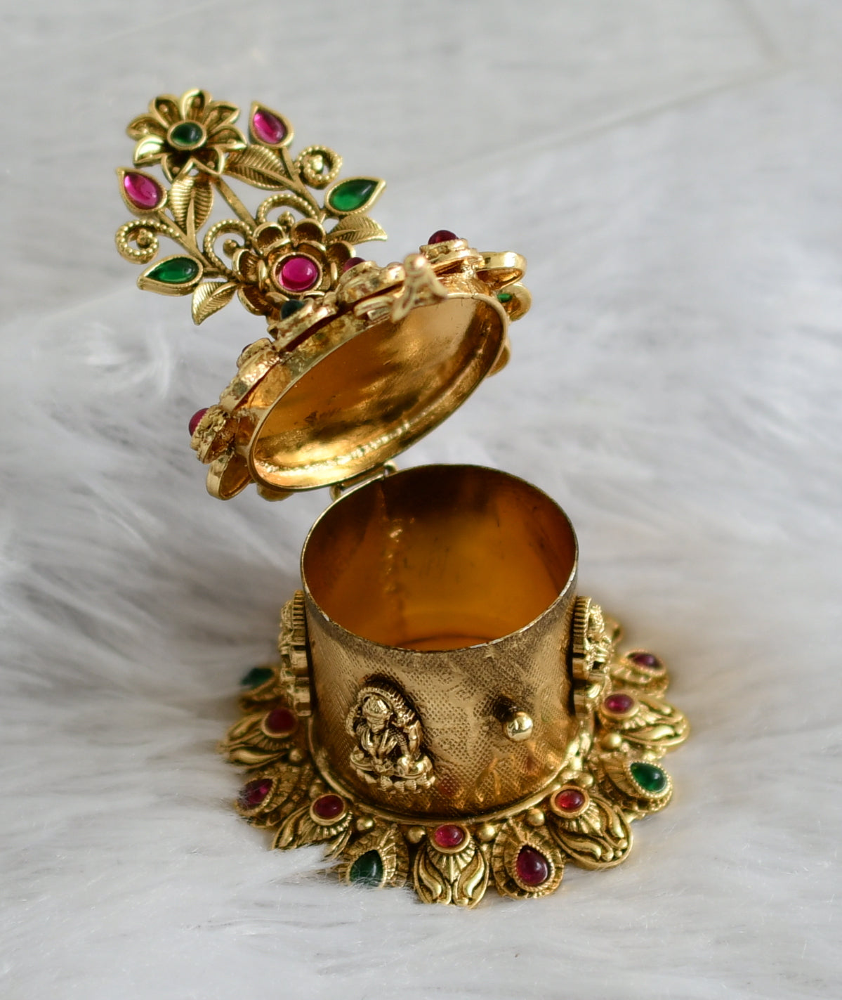 Antique gold tone kemp-green lakshmi flower kumkum box dj-47364